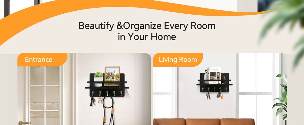 Wall-Mounted Key Holder & Mail Organizer with Hooks - Entryway Storage & Decor