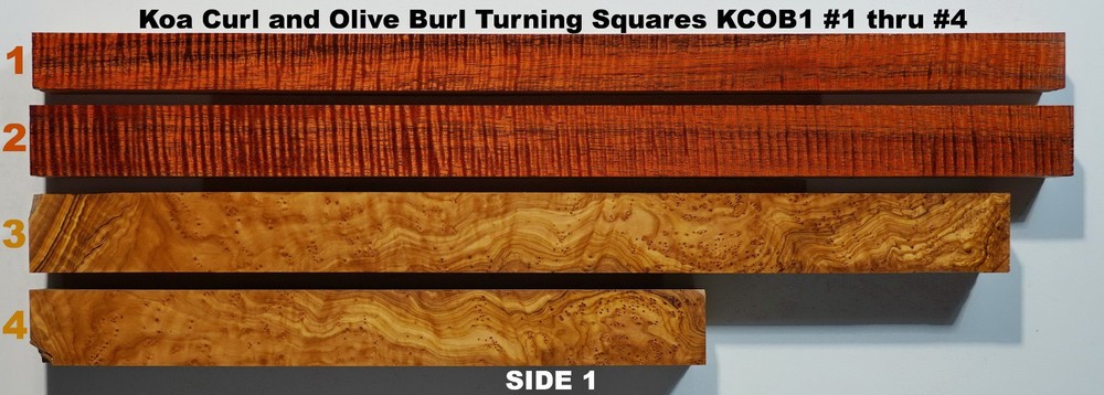 Premium Stabilized Fiddleback Koa and Olive Burl Turning Squares KCOB1  1 thru 4