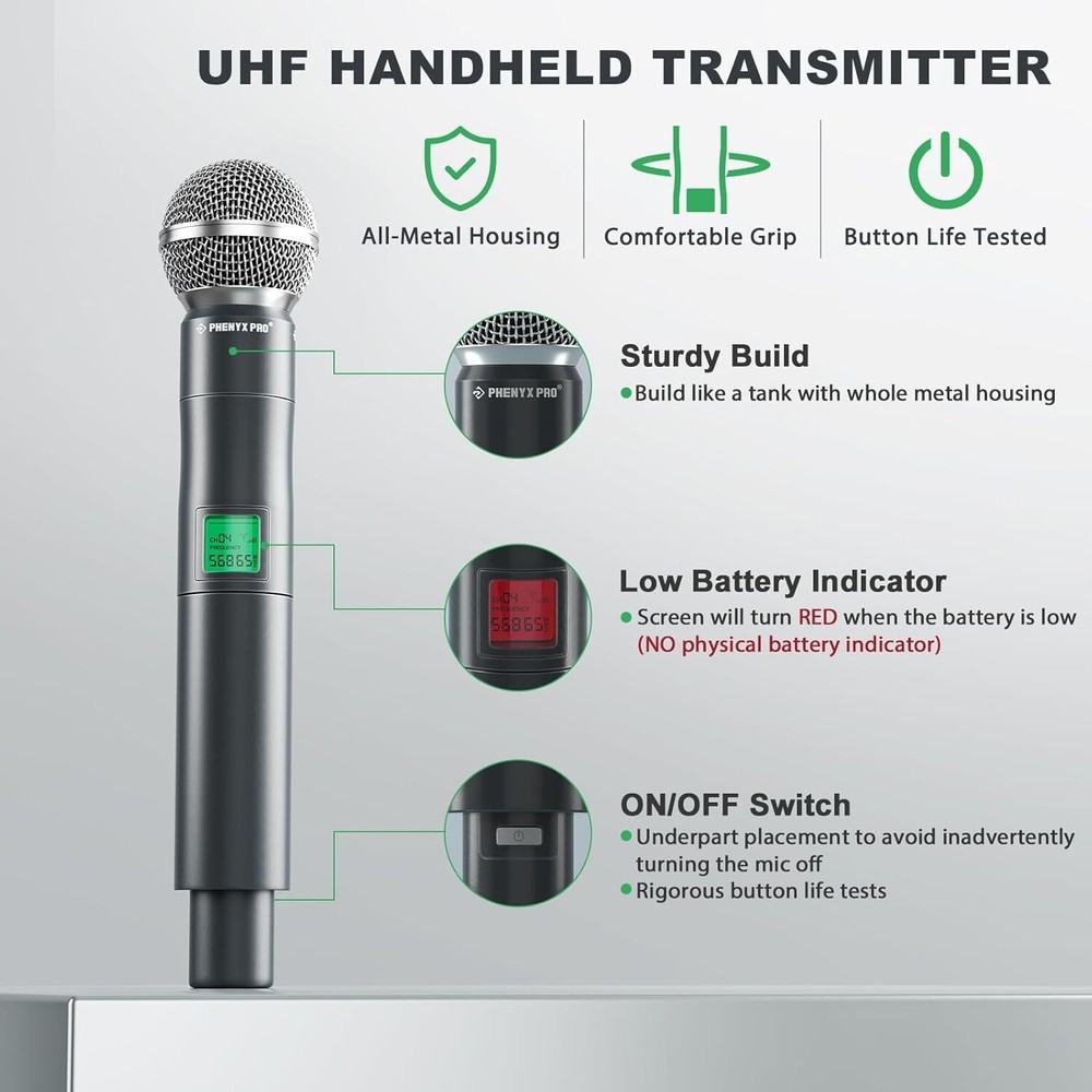 Phenyx Pro Wireless Microphone System, 4-Channel UHF Wireless Mic, Fixed Frequen