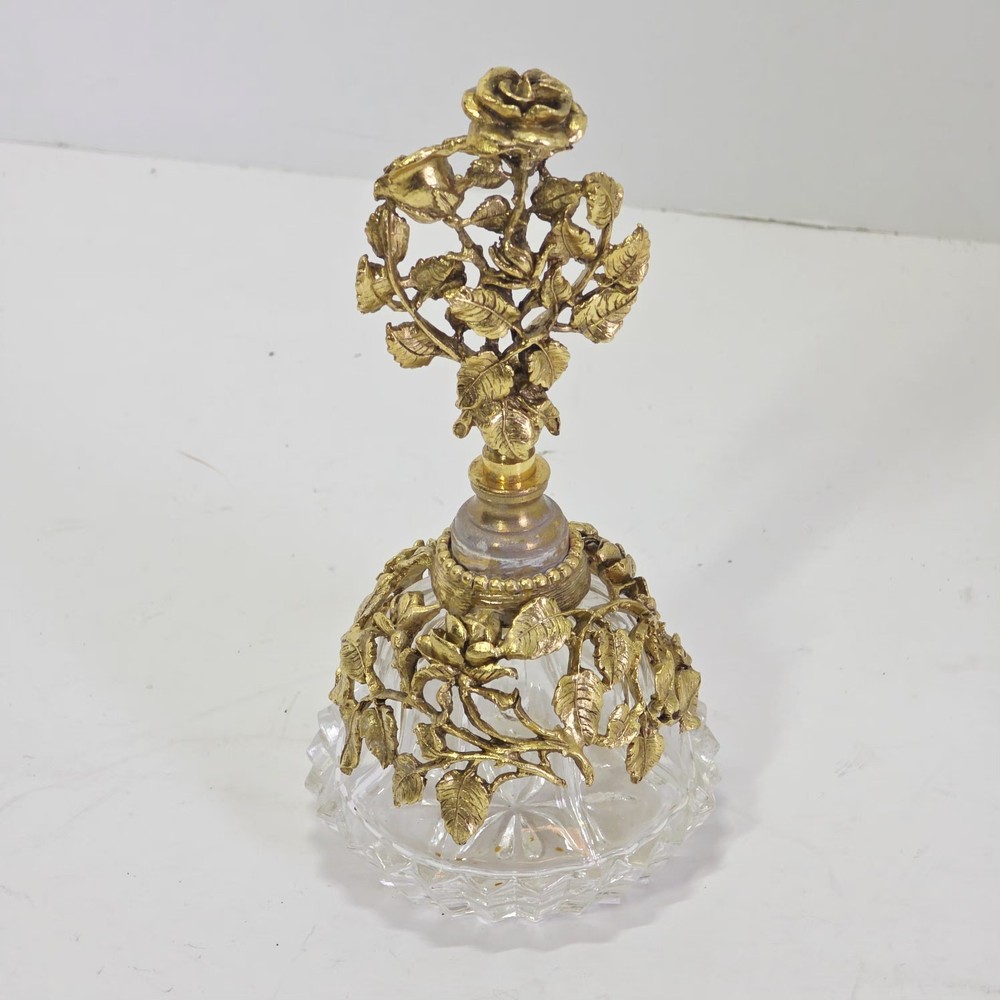 Matson Rose Pattern Ormolu Perfume Bottle with Glass Stopper !
