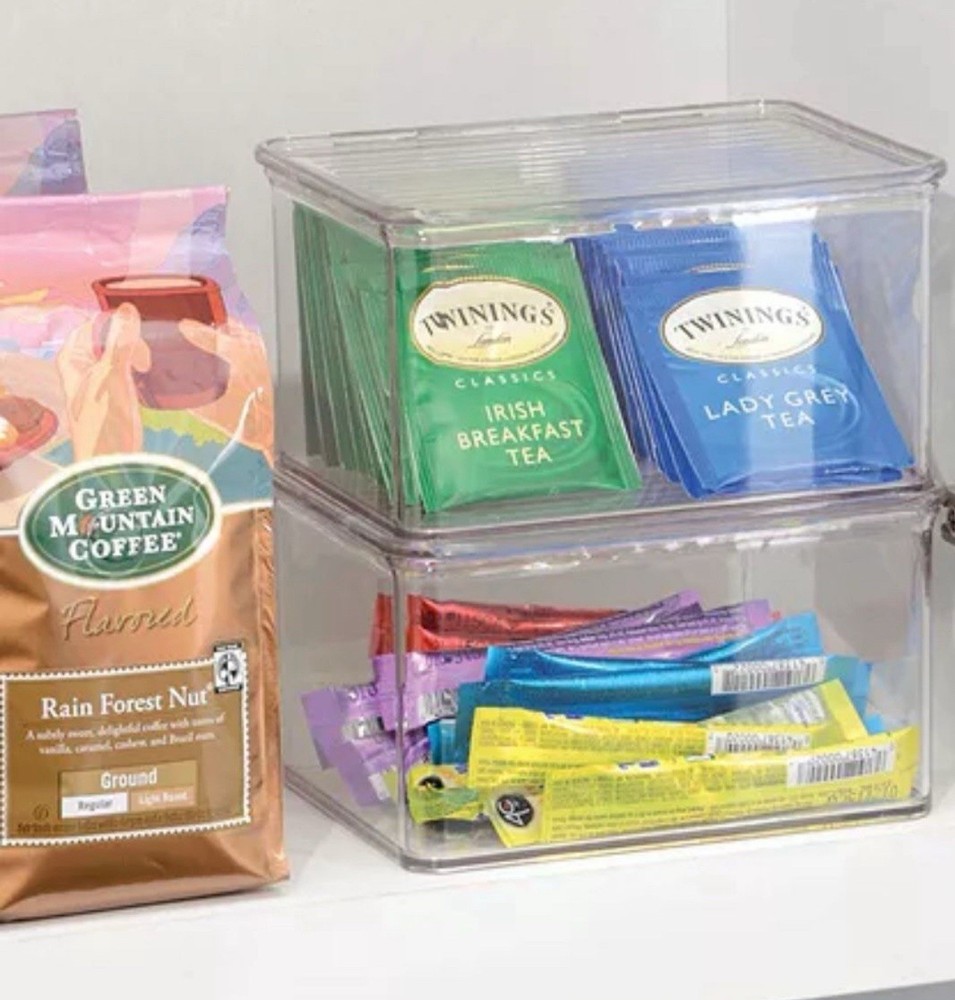 4 Clear Plastic Stackable Tea Bag Organizer Storage Boxes with Lids