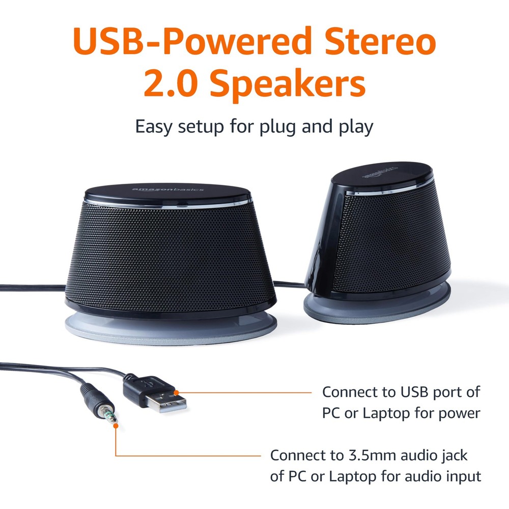 Amazon Basics Stereo 2.0 Speakers, USB-Powered, 1 Pair, Black OPEN BOX
