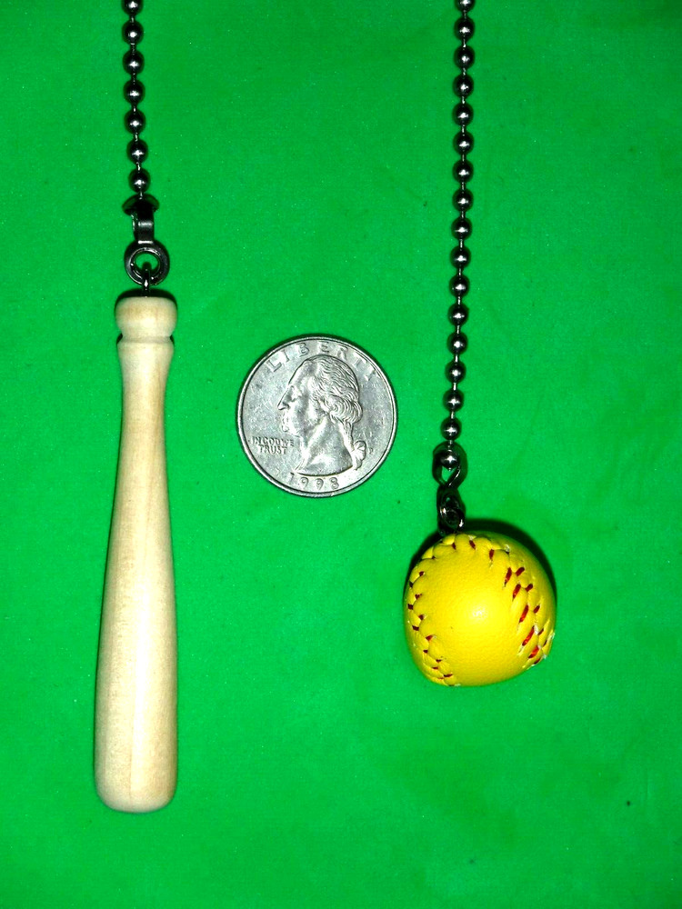 Softball and Bat Ceiling Fan Pull Chain set of 2 on silver (chrome) chains