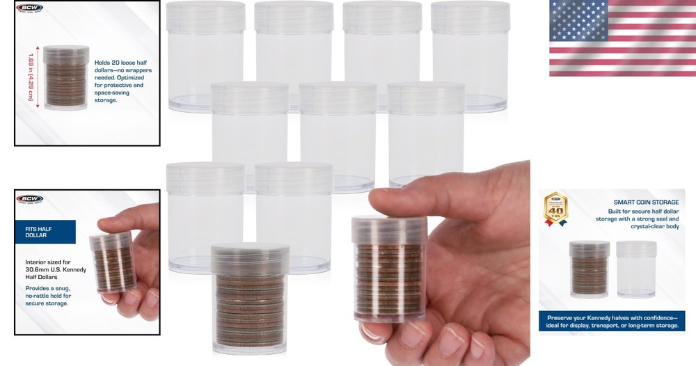 Airtight Coin Storage Tubes - 10 Durable Holders for Half Dollar Security