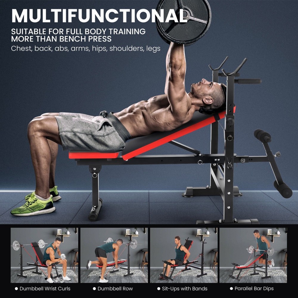 ⭐600lbs Adjustable Foldable Weight Bench Set w/Removable Foot Catch, Squat Rack⭐
