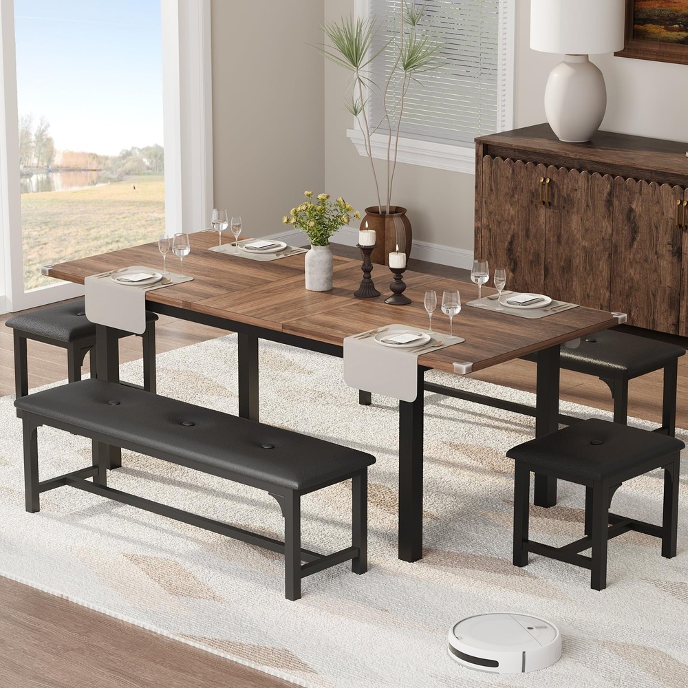 5 Piece Extendable Dining Table for 4-8, 47.3"-63" Rectangular Wood Kitchen T...