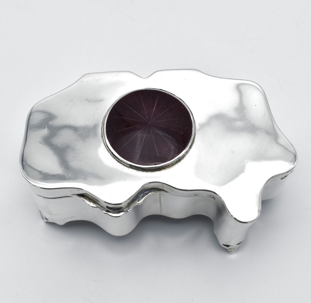 Edwardian Solid Silver & Enamel Jewellery Trinket Box 1909 Unusual Shape