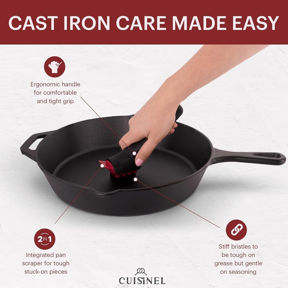 Compact Cast Iron Cleaning Brush & Ergonomic Pan Scraper - Kitchen Essential