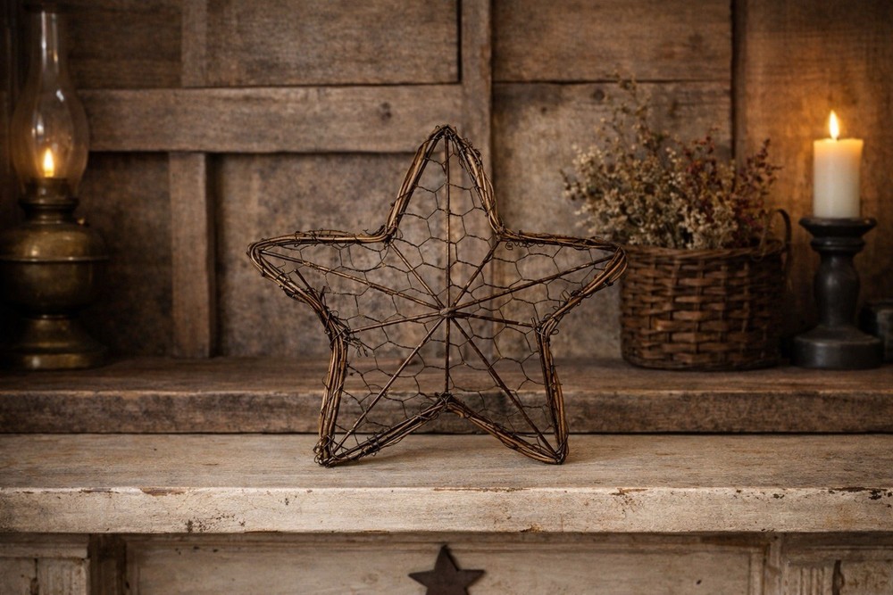~ Rustic Chicken Wire Star Wall Decor, Grapevine Frame, 8 Inch, 10 Inch Set 2