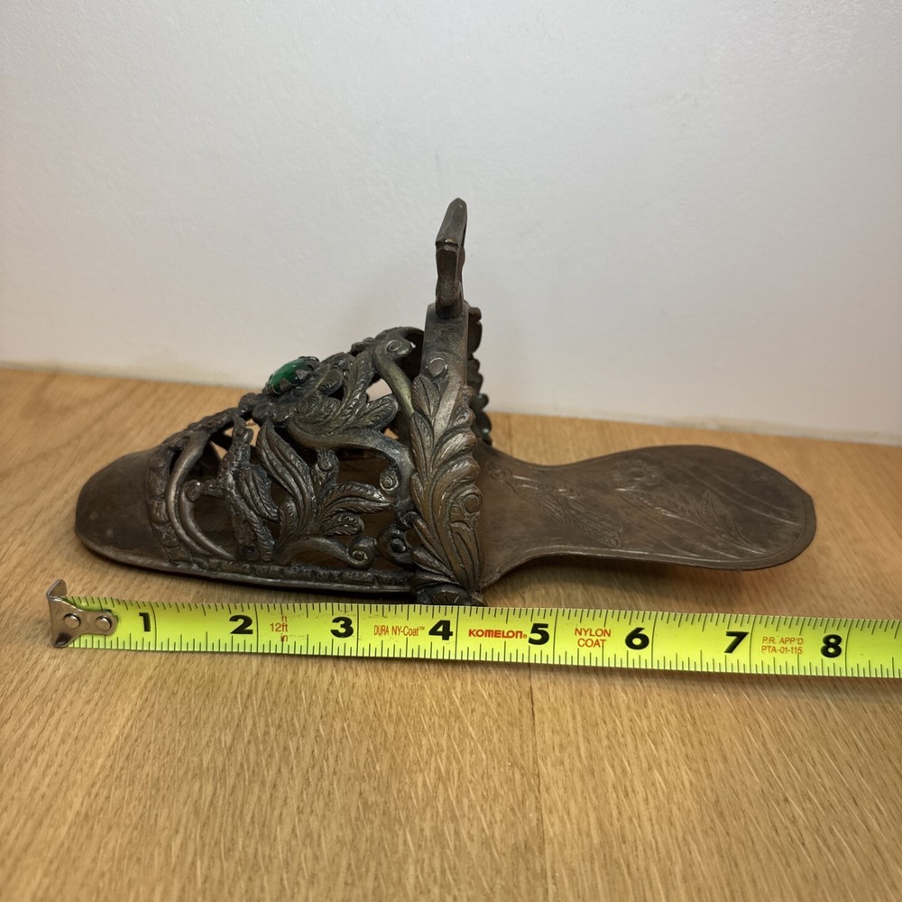 Vintage Peruvian Slipper Stirrup Brass With Green Gem Stone