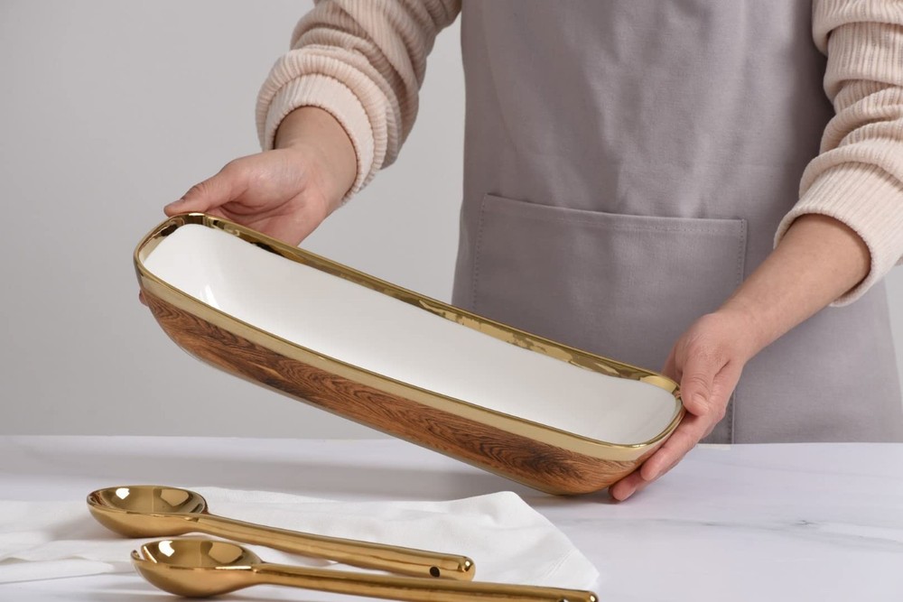 Pampa Bay Wood Look Titanium-Plated Porcelain Deep Rectangular Server, 14 x 4.5