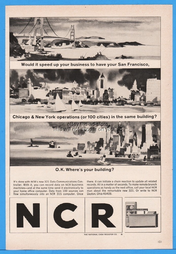 1965 NCR National 315 Computer Data Communications Controller Cities Art Ad