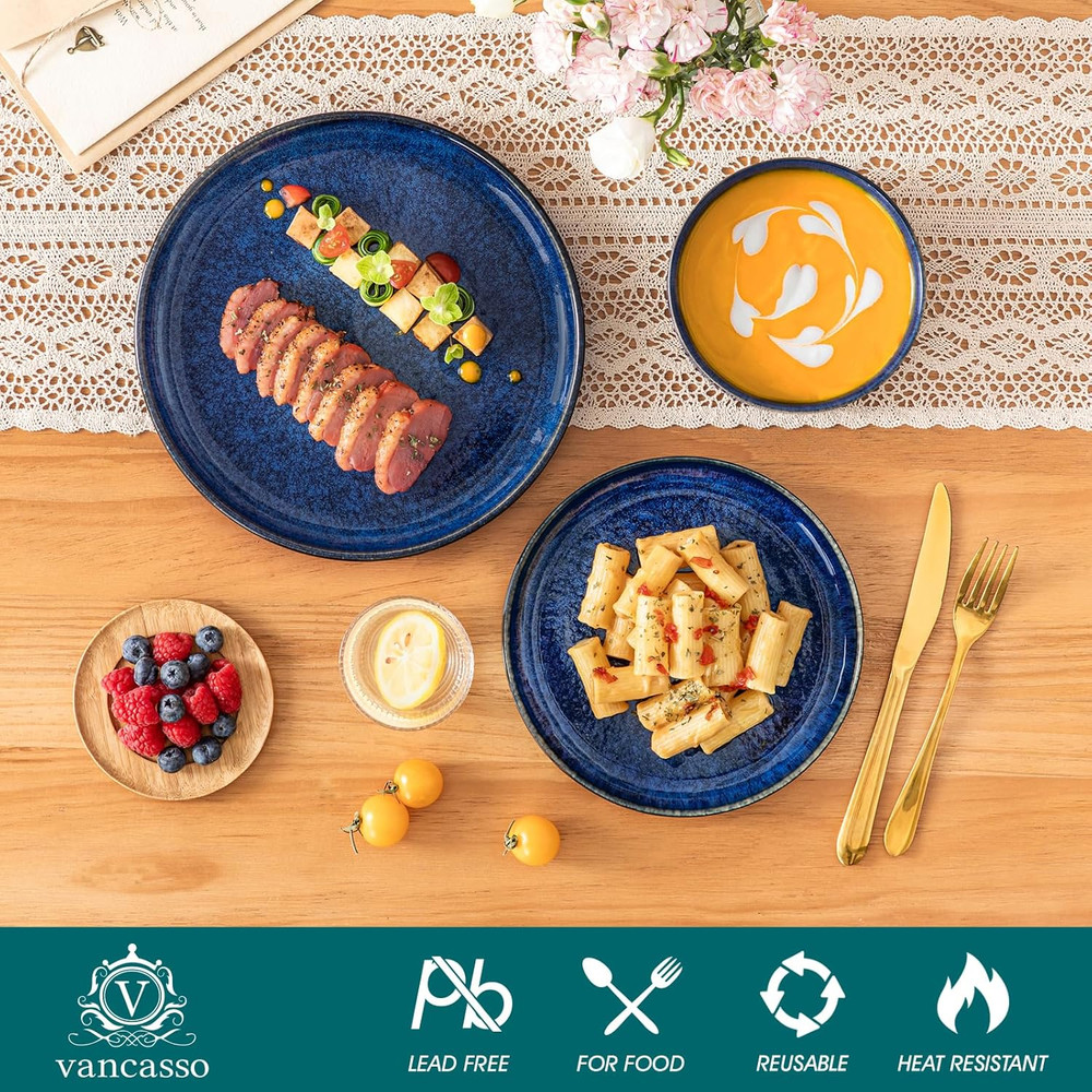 Starry 12 Pieces Dinnerware Sets for 4, Blue Reactive Glaze Dishes Sets, Ceramic