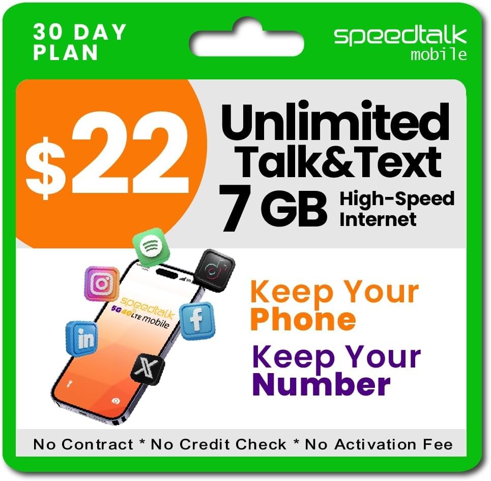 SpeedTalk Prepaid Cell Phone Plan – Unlimited Talk & Text + High-Speed Data...