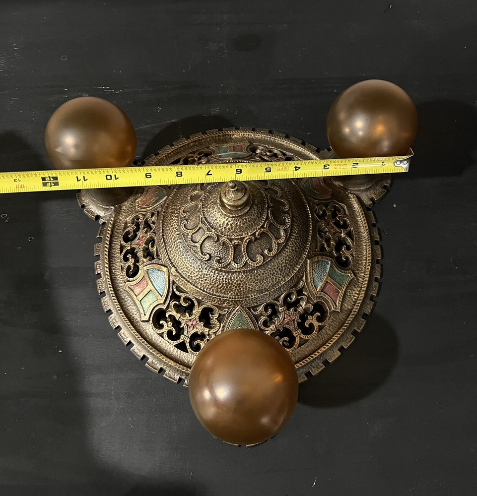 Antique polychrome three bulb flush mount ceiling fixture 33B