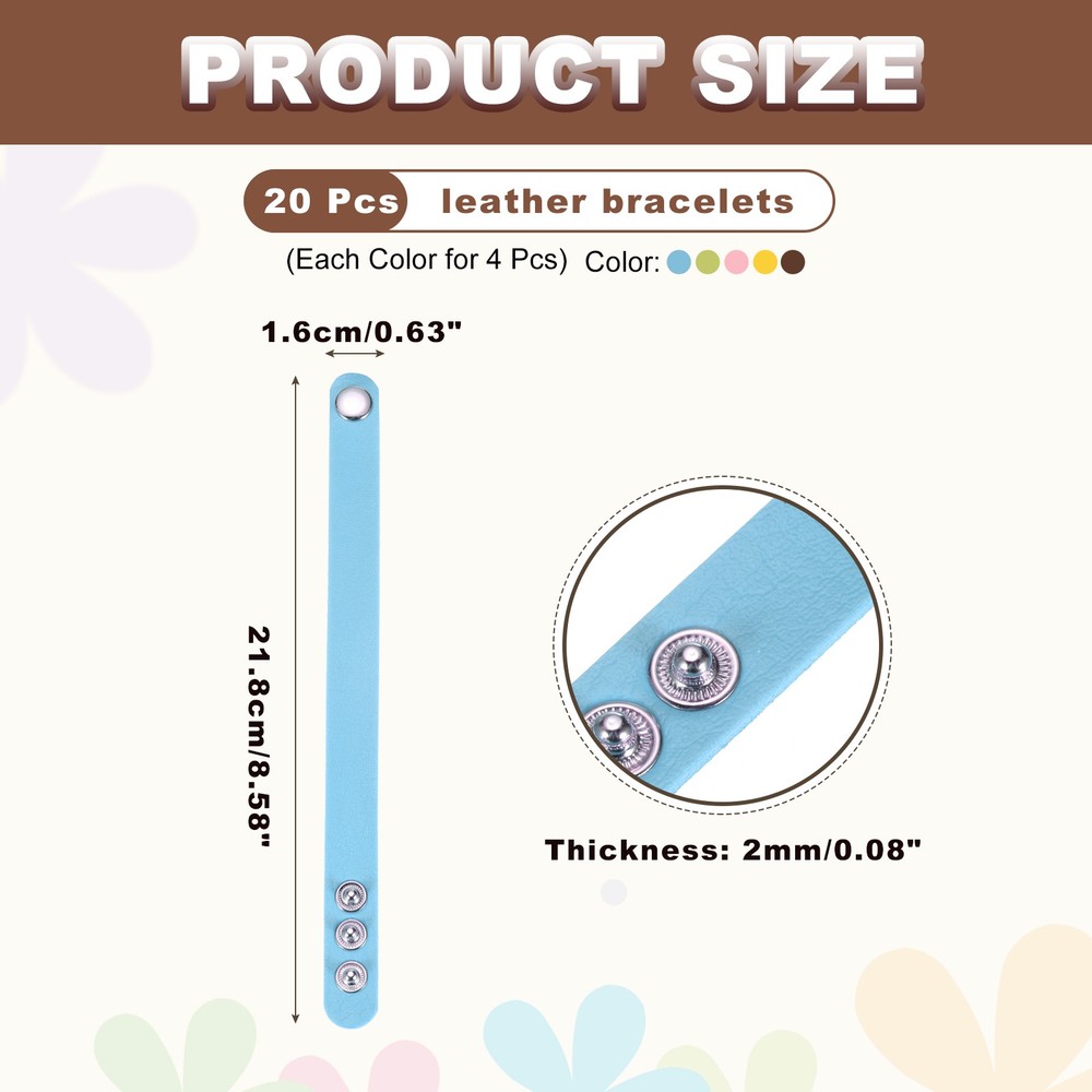 20 Pcs Plain Leather Bracelets Leather Snap Bracelets, Mixed Colors