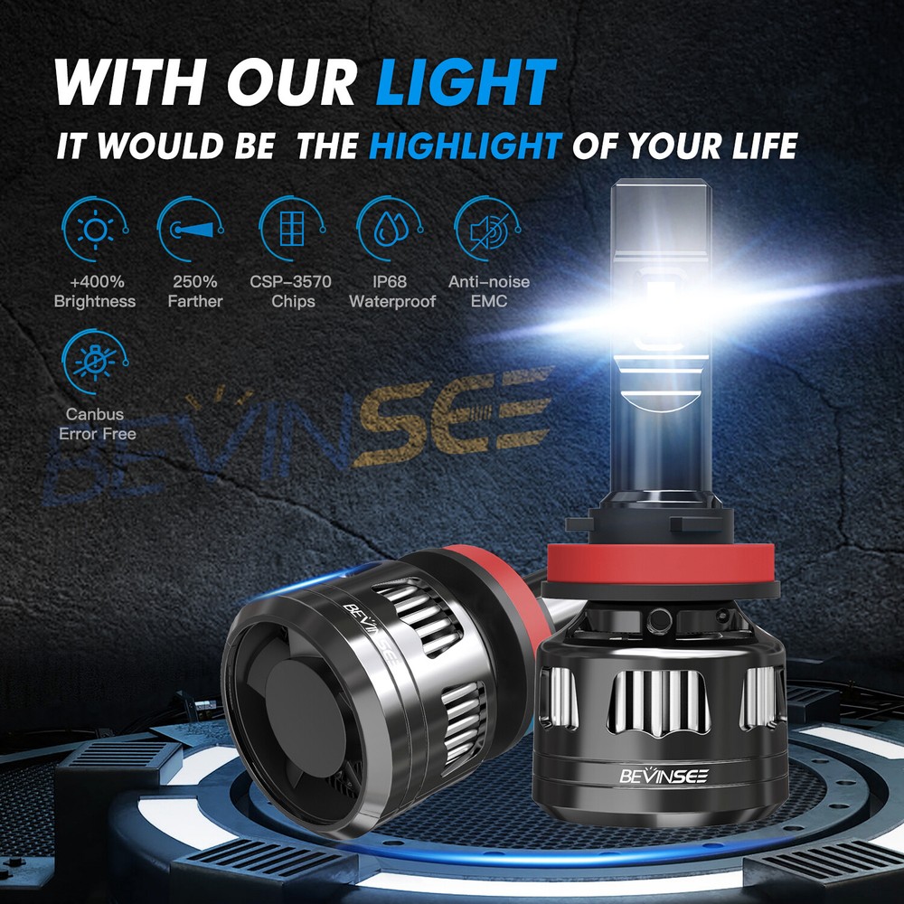 BEVINSEE V45 H9 H11 H8 LED Headlight Bulbs High Low Beam 6000K 22000LM 120W Kit