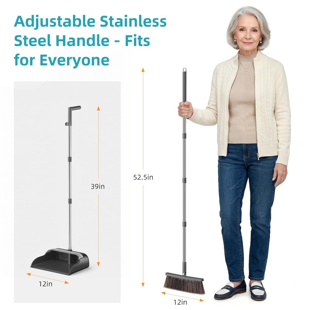 Broom with Dustpan Combo Set with 52.5" Extra Long Handle, Self-Cleaning Dust...