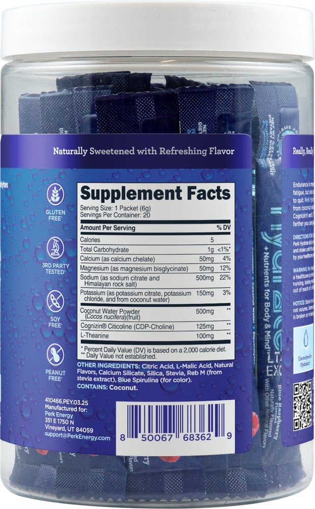 Perk Hydrate Electrolyte Stickpacks Blue Raspberry Flavored (20 Packets)