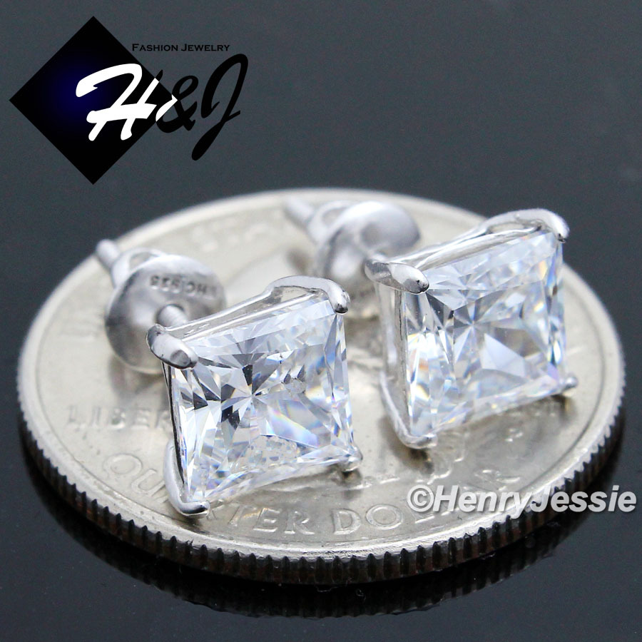 MEN WOMEN SOLID 925 STERLING SILVER 7MM SQUARE ICY BLING CZ 3D STUD EARRING*E93