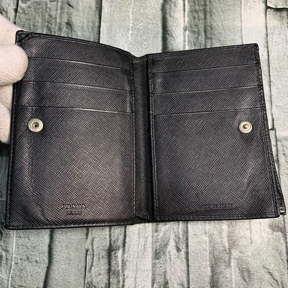 PRADA Two-Fold Wallet Nylon Leather Silver Triangle Logo Black