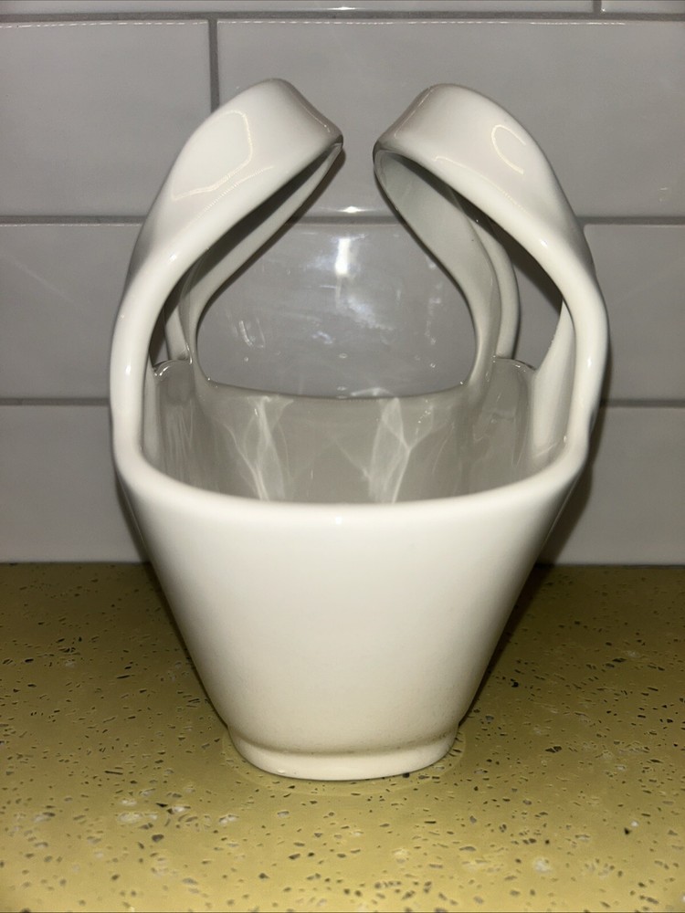 Pottery Barn Ceramic Basket 6.75" Ivory White Double Handle Easter Spring Summer