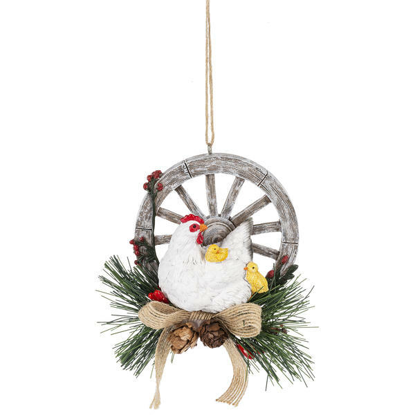 Hen w/Chicks on Wagon Wheel Holiday Ornament