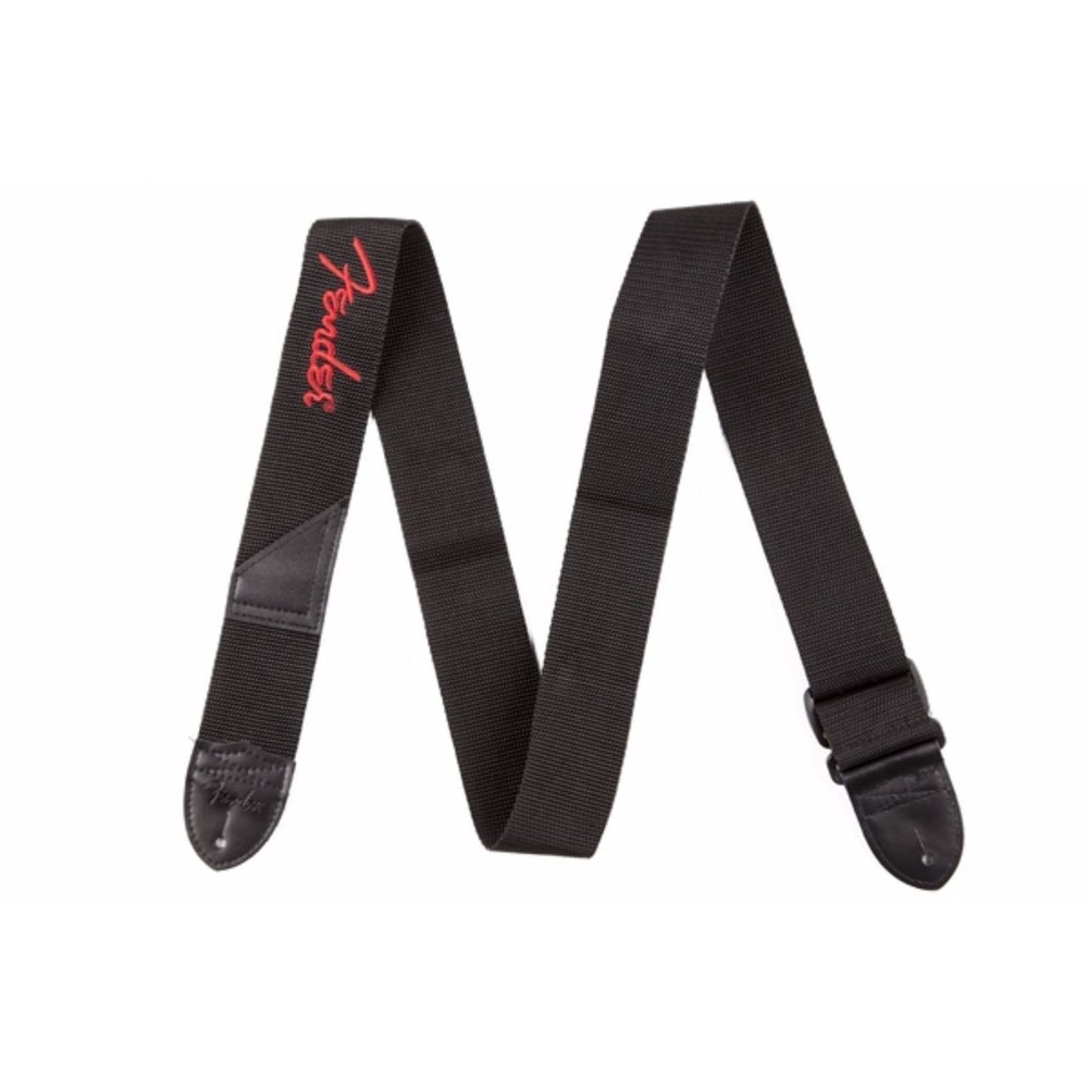 Fender Poly Guitar Strap with Leather Ends, Black w/ Red Logo
