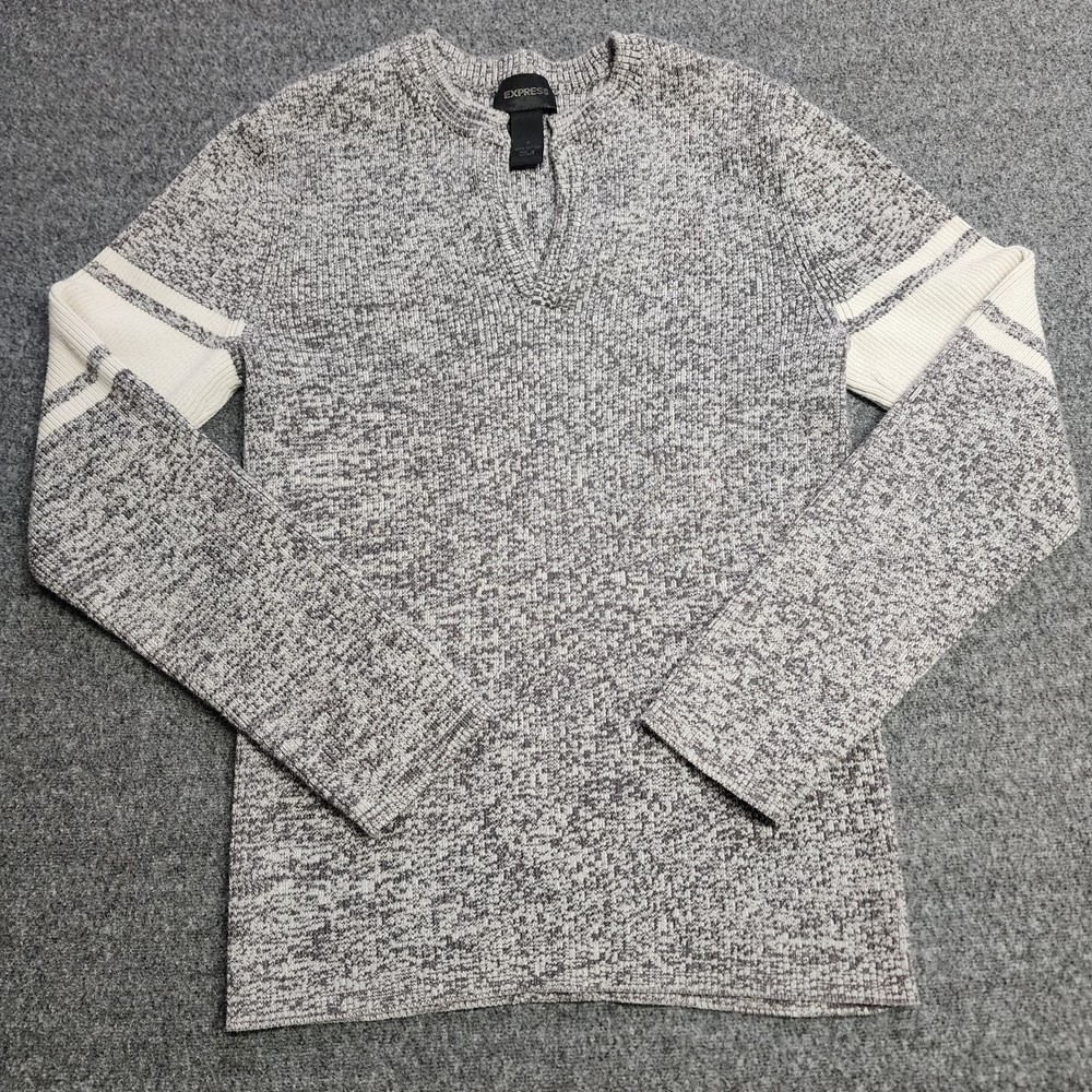 Express Y2K Sweater Mens Small Gray Marled Knit Split Neck Pullover Cotton