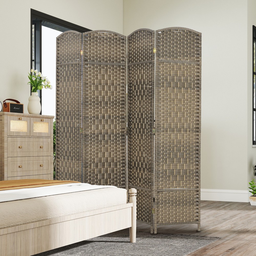 4 Panel Room Divider Woven Freestanding Partition Brown