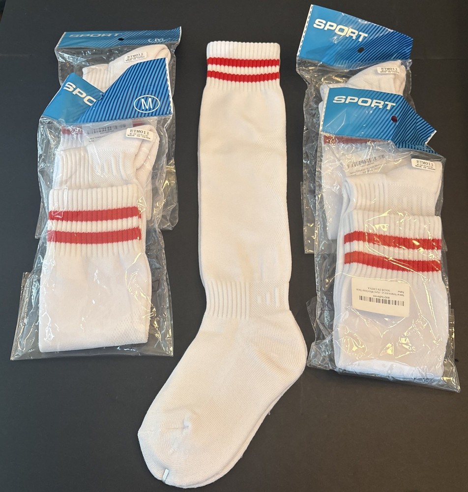 5 Pack - Kids Soccer Socks - Medium - White / Red Stripes