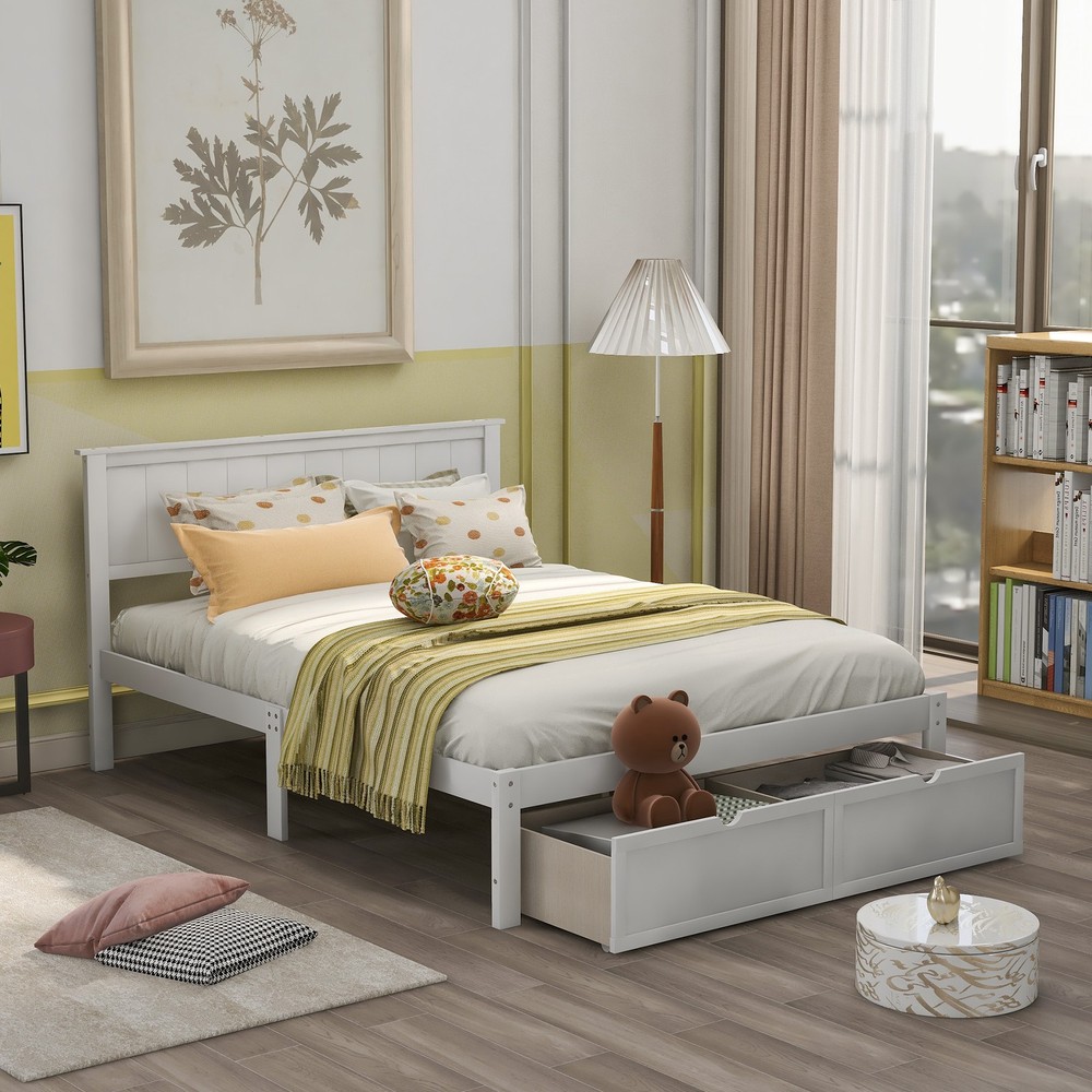 Full Size Platform Bed with Under-bed Drawers, White,Assembly required