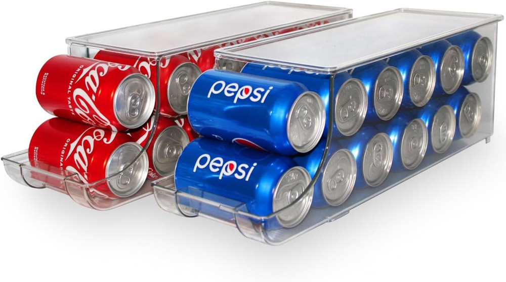 Soda Can Organizer with Lids, Stackable Soda Can Dispenser for Refrigerator, Cle