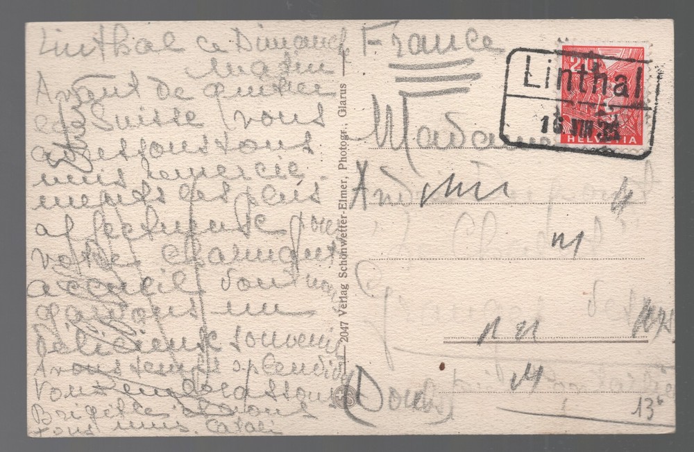 Switzerland 1935 Linthal Cancel. Baumgartenalp Postcard