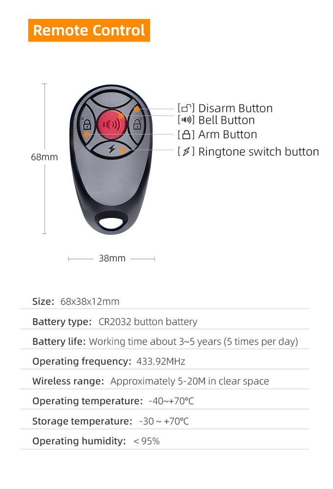 Bike Alarm, Remote Control, 113 dB, Loud, Adjustable Sensitivity, for Rolling