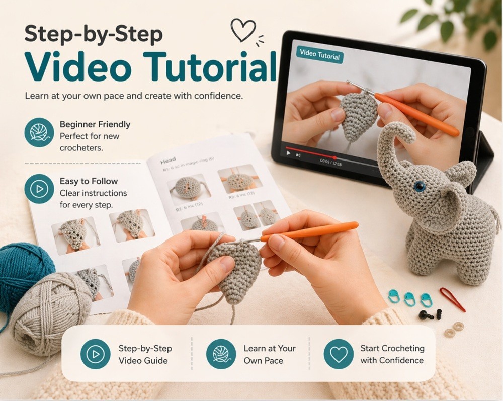 Elephant Crochet Kit 2 Pack for Beginners Amigurumi DIY Set with Video Tutorial
