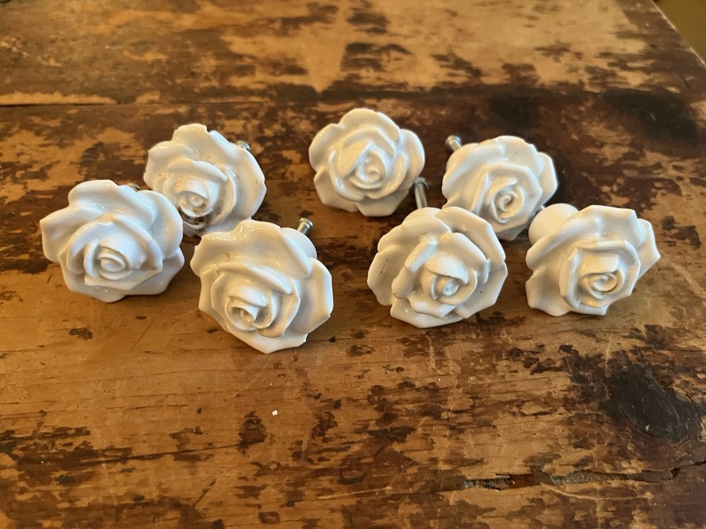 Ceramic White Rosebud Flower Drawer Pulls 7 Pieces 2” Shabby Boho