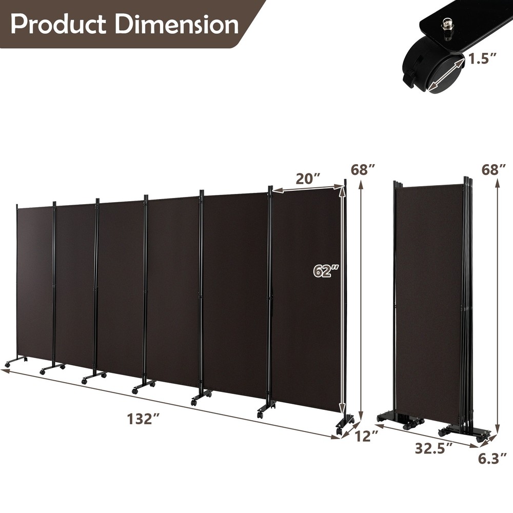 6-Panel Folding Room Divider 6' Rolling Privacy Screen w/ Lockable Wheels Brown