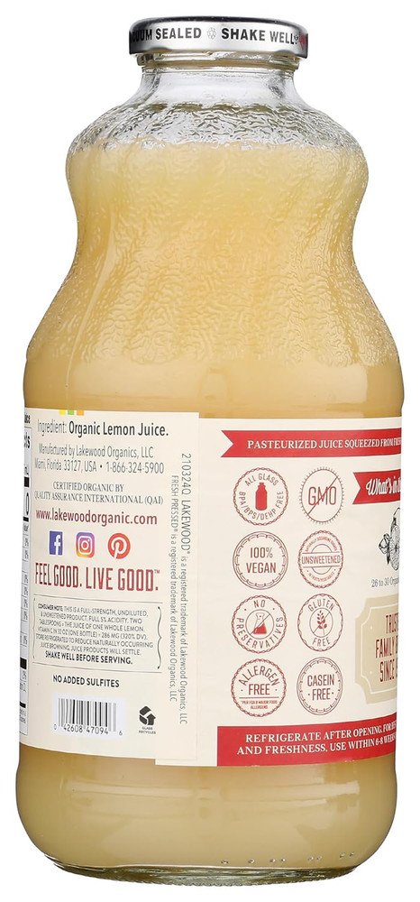 Juice Pure Lemon Organic, 32 Oz