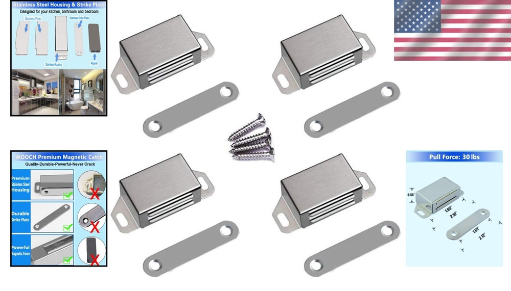 Rustproof Magnetic Door Latch - 30lb Pull Force, 4-Pack for Cabinets & Closets