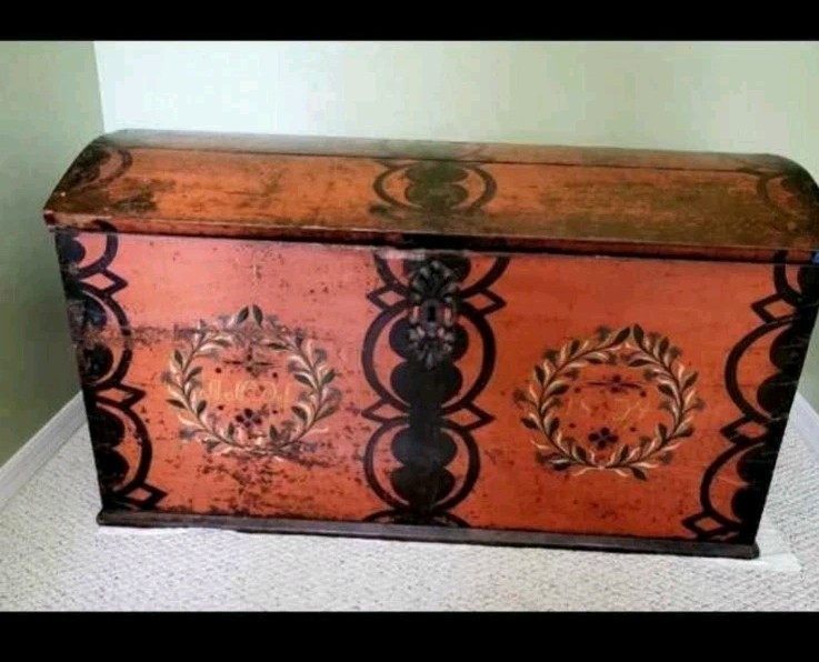 1834 Antique Dowry Chest/Trunk Solid Walnut Handpainted, Candle Box, Great Cond