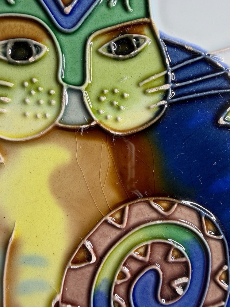 Studio Art Glazed Cat Tile Trivet Handmade Round Ceramic Display Decor 5.5”