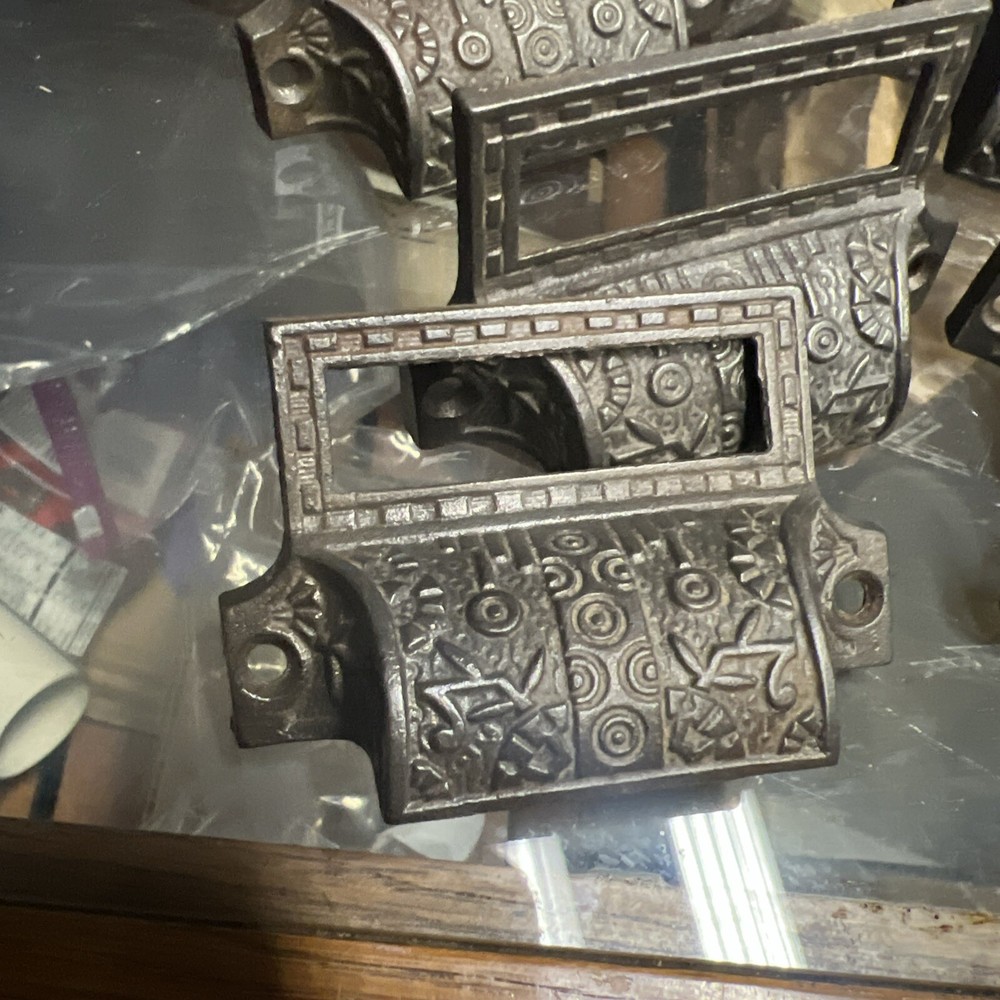 NOS set 6 c1870 matching authentic VICTORIAN cabinet pull hardware name plate