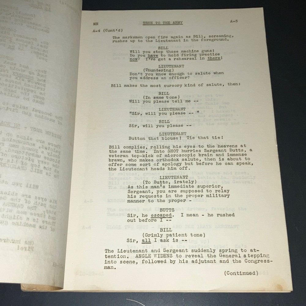 Original 1941 True to the Army Movie Script Paramount Sequence Drafts Archive CO