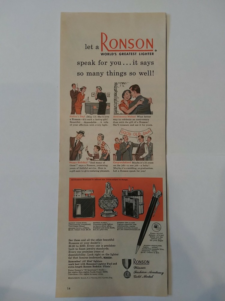 Ronson Lighter print ad.  Original ad from the early 1950s