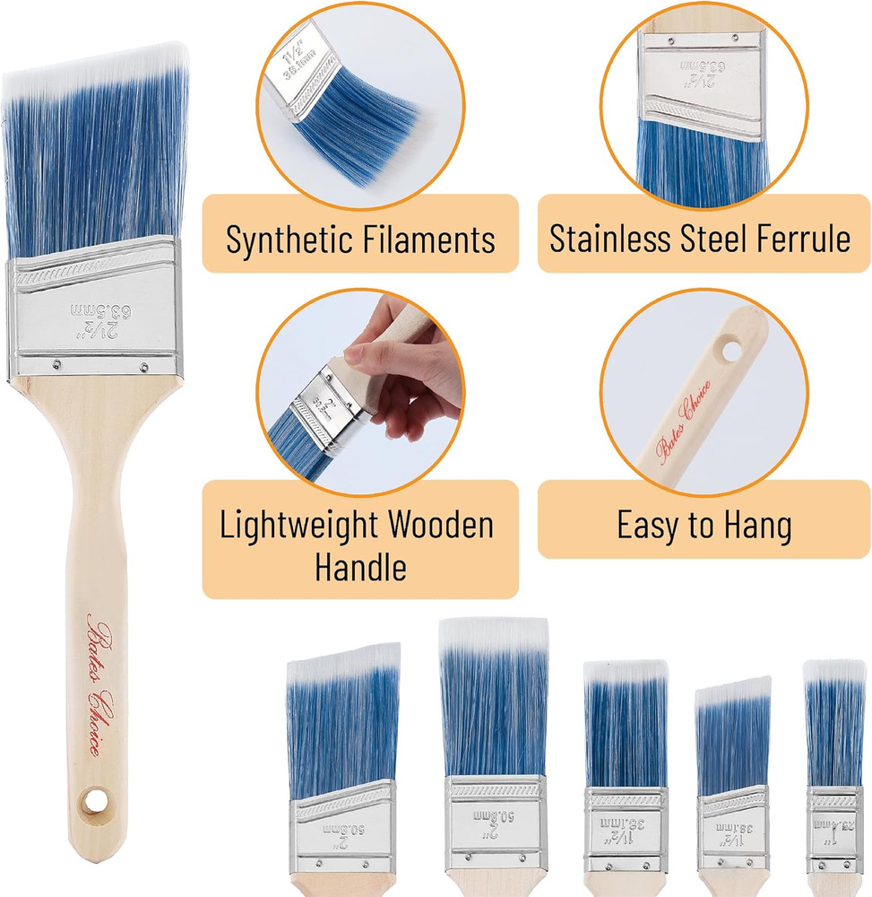 Bates- Paint Brushes, 2-Inch, 3 Pack, Angle Brushes, Treated Wood Handle, Paint