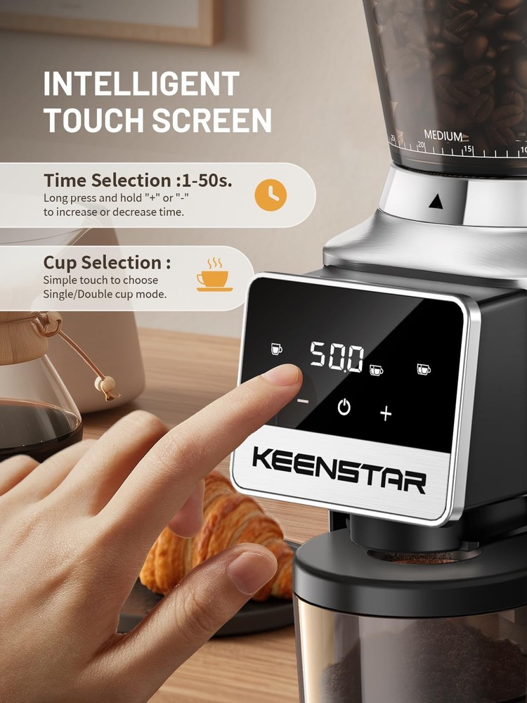 Conical Coffee Bean Grinder with 34 Grind Settings for Home Use, Precision Timer