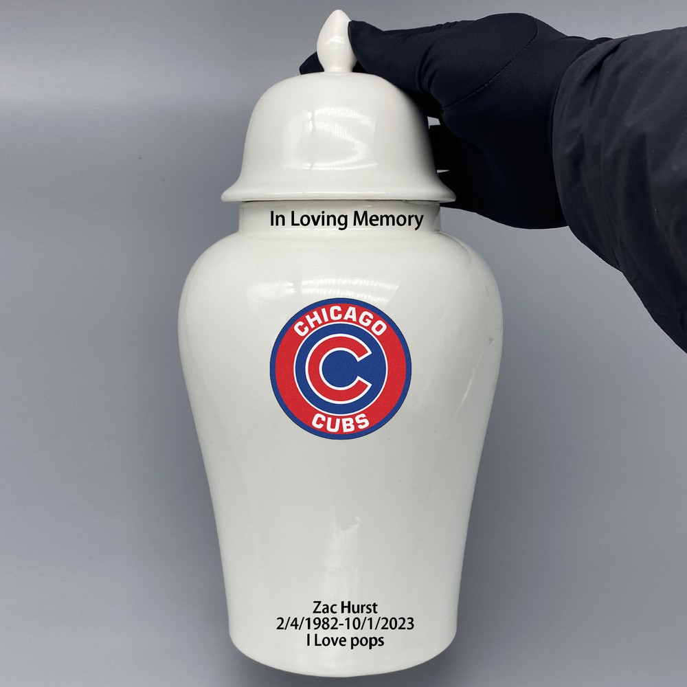 Ceramic Large Urn for Chicago Cubs Baseball Theme, Custom Text