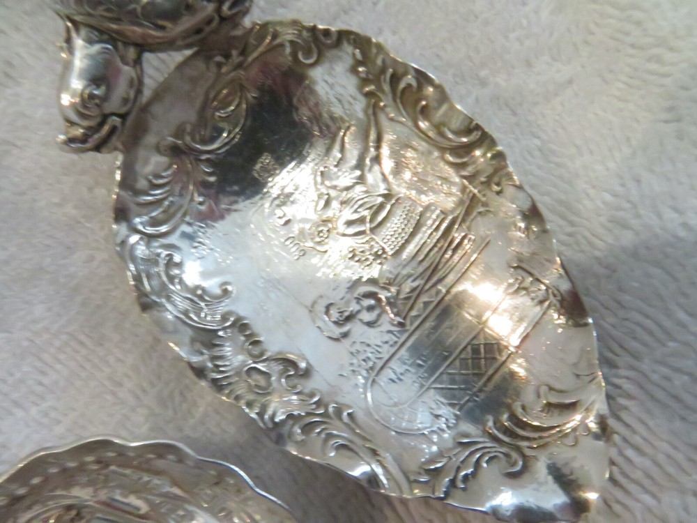 1900 german & dutch silver 2 Tea Caddy Spoons Repousse Scene