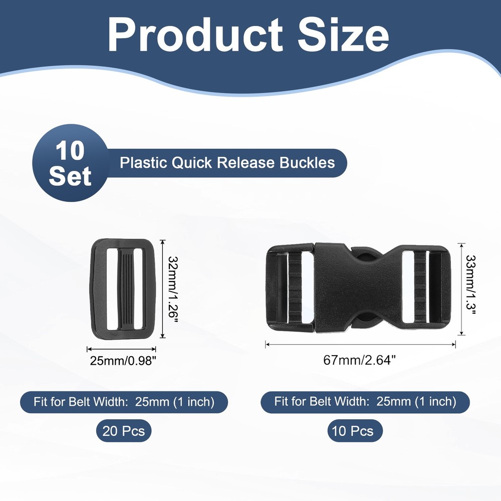 10pcs Quick Side Release Buckles 1" Dual Adjustable No Sewing Clips Snaps